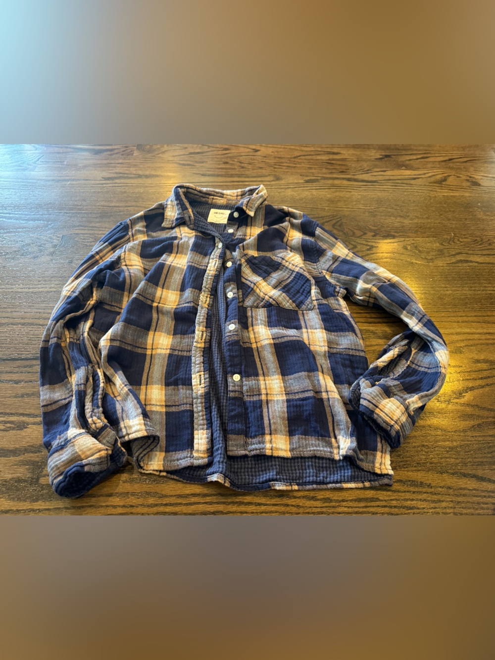aerie Navy and Tan Plaid Button-Down Shirt